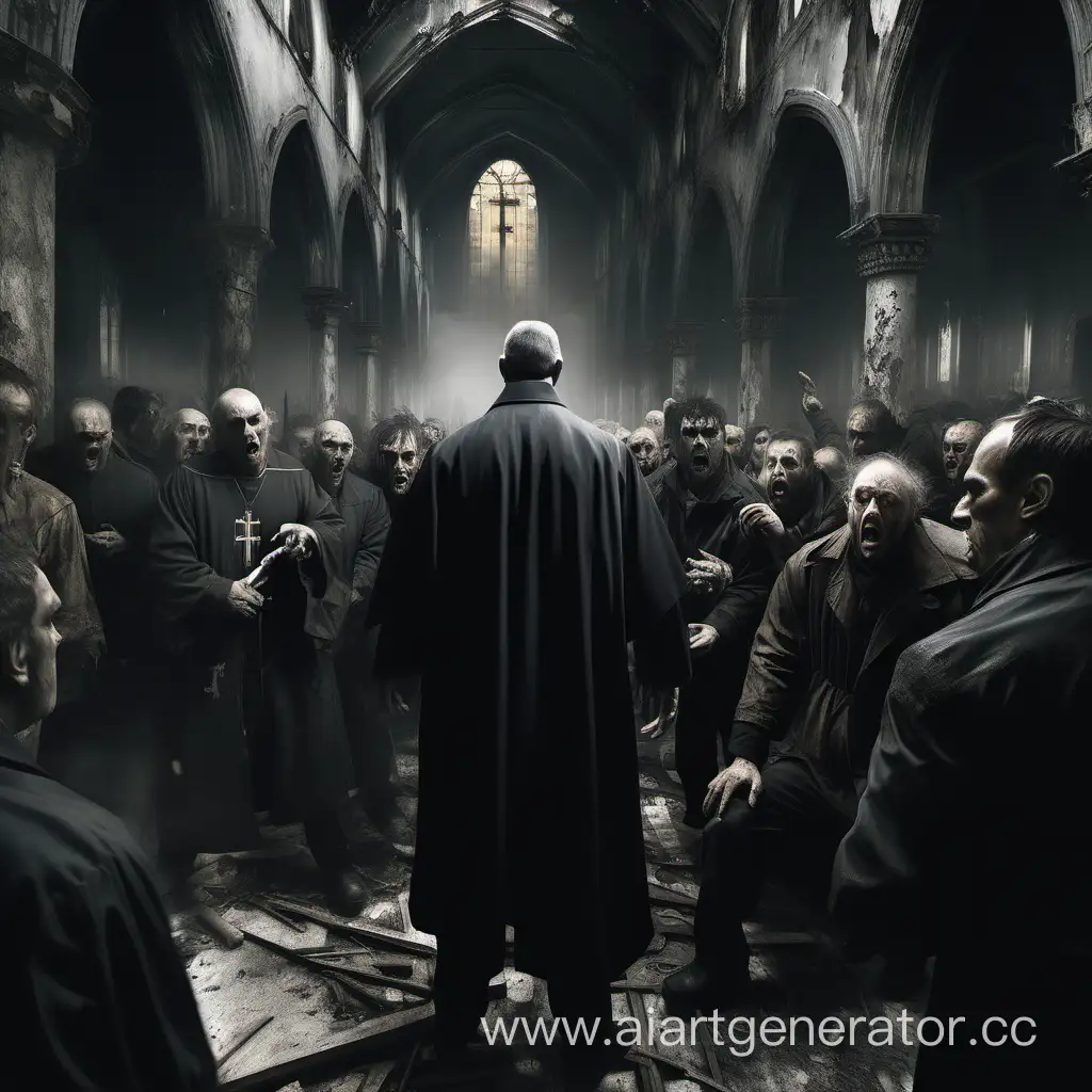 dilapidated dark church, armed people surrounded and want to grab the terrible priest, his face expresses anger, high detail, ultra-realism