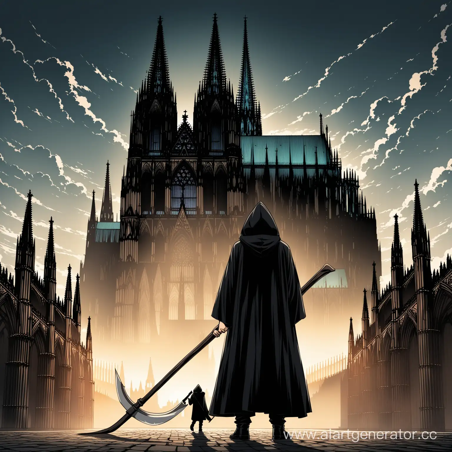 Male-Figure-with-Scythe-in-Hand-against-Cologne-Cathedral-Background