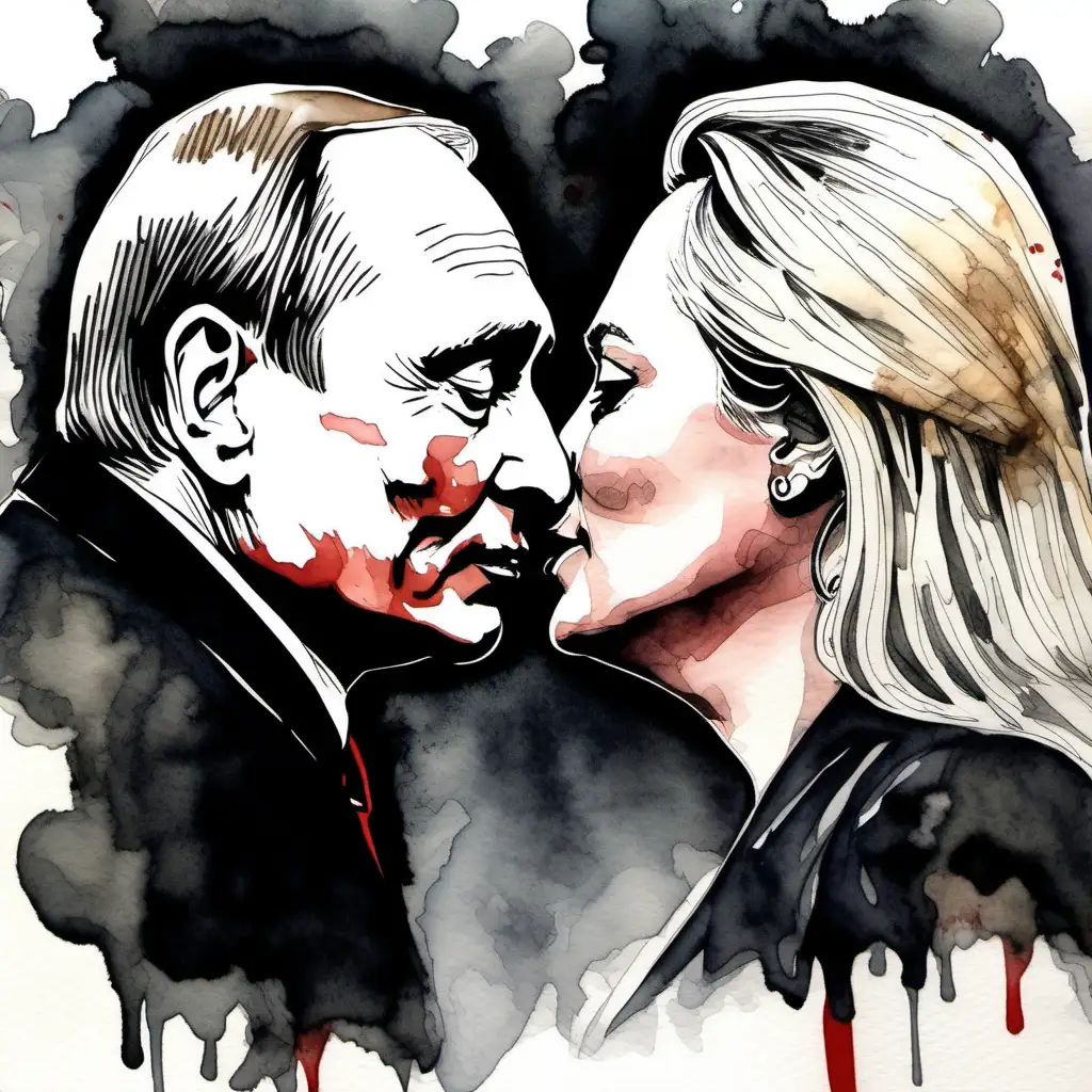 Gothic Indian Ink and Watercolor Art Intense Kiss Between Vladimir Putin and Marine Le Pen