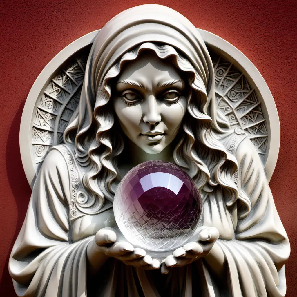 Bas-relief,  pretty fortune teller, looking into a crystal ball
