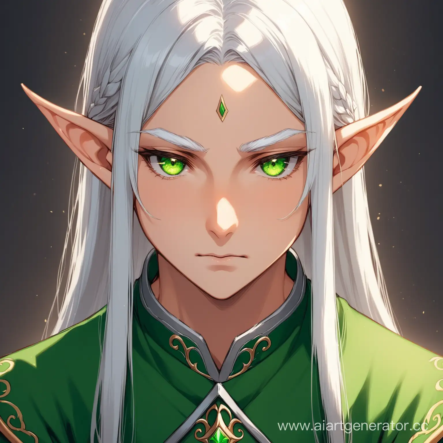 Лицо высокомерной, молодой эльфийки с серебряными волосами и зелеными глазами