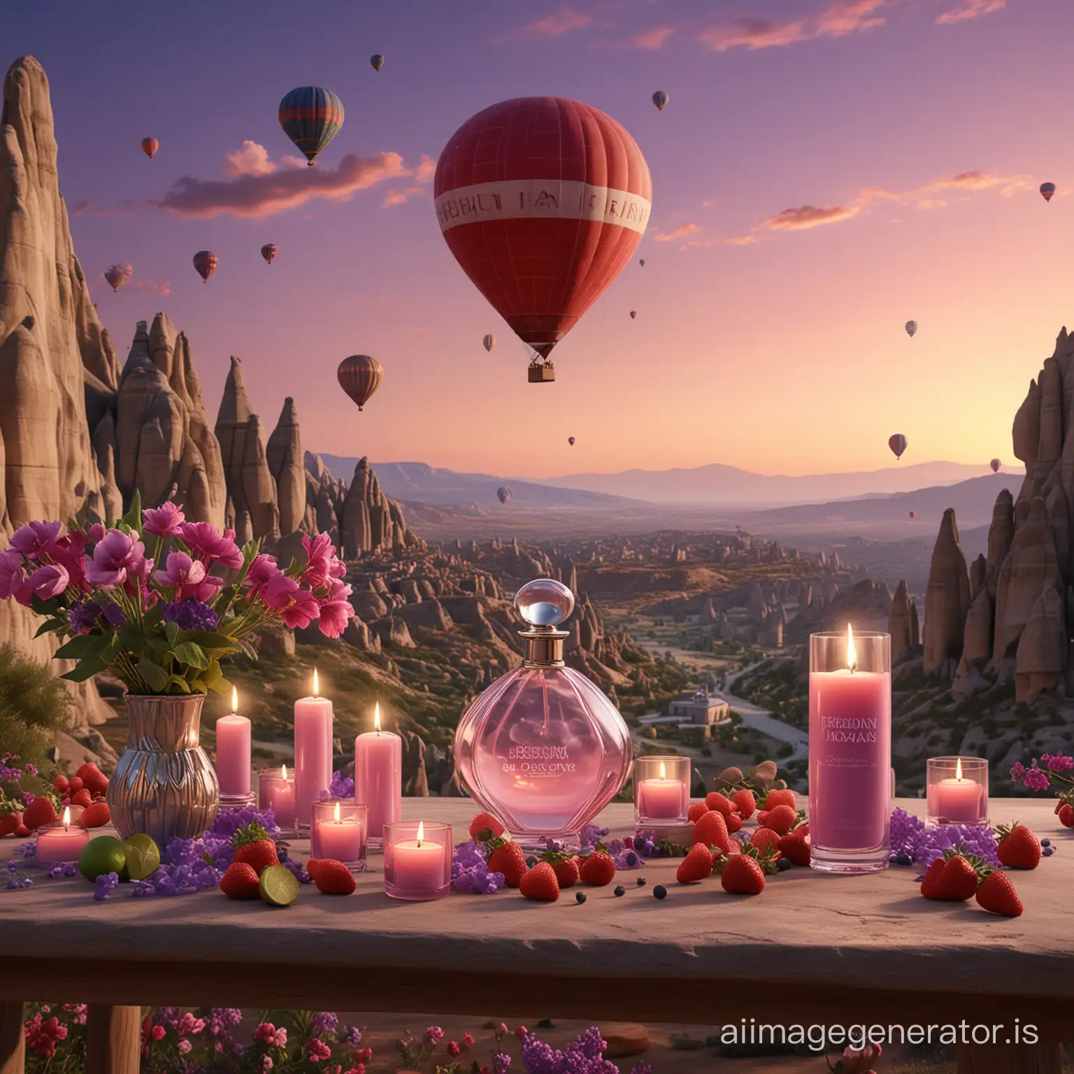 Romantic-Perfume-Product-Display-with-Fruits-and-Candles-in-Cappadocia-Landscape