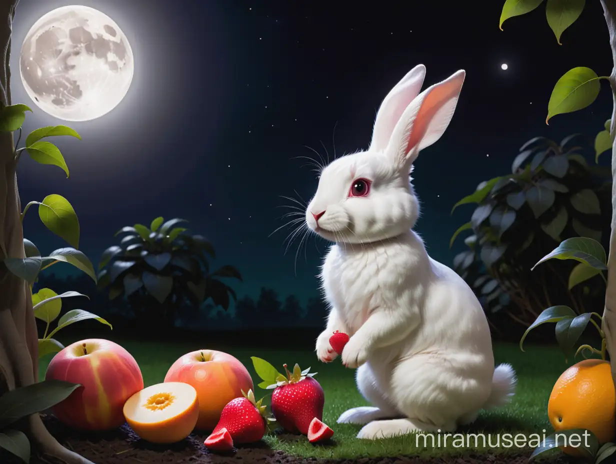 On the night of a full moon, the little white rabbit ate the fruit.