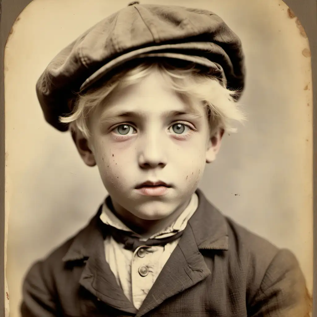 whimsical boy, round eyes, scarred eyebrow, blond hair, 19th century, newsboy cap