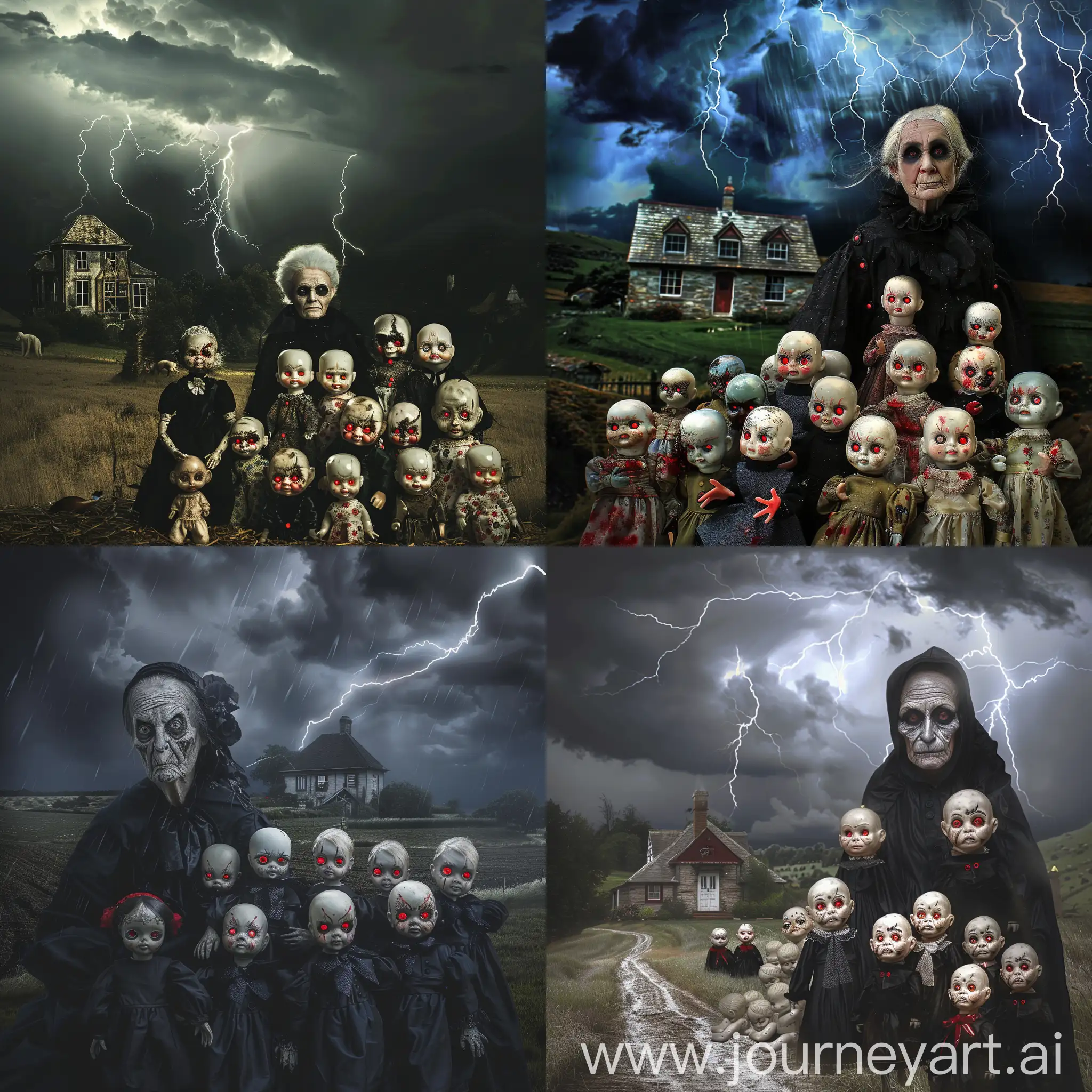An old woman dressed in black with black eyes with ten creepy porcelain dolls with red eyes standing next to the old woman on a stormy night with lightning in the sky. Add a cottage in the background.