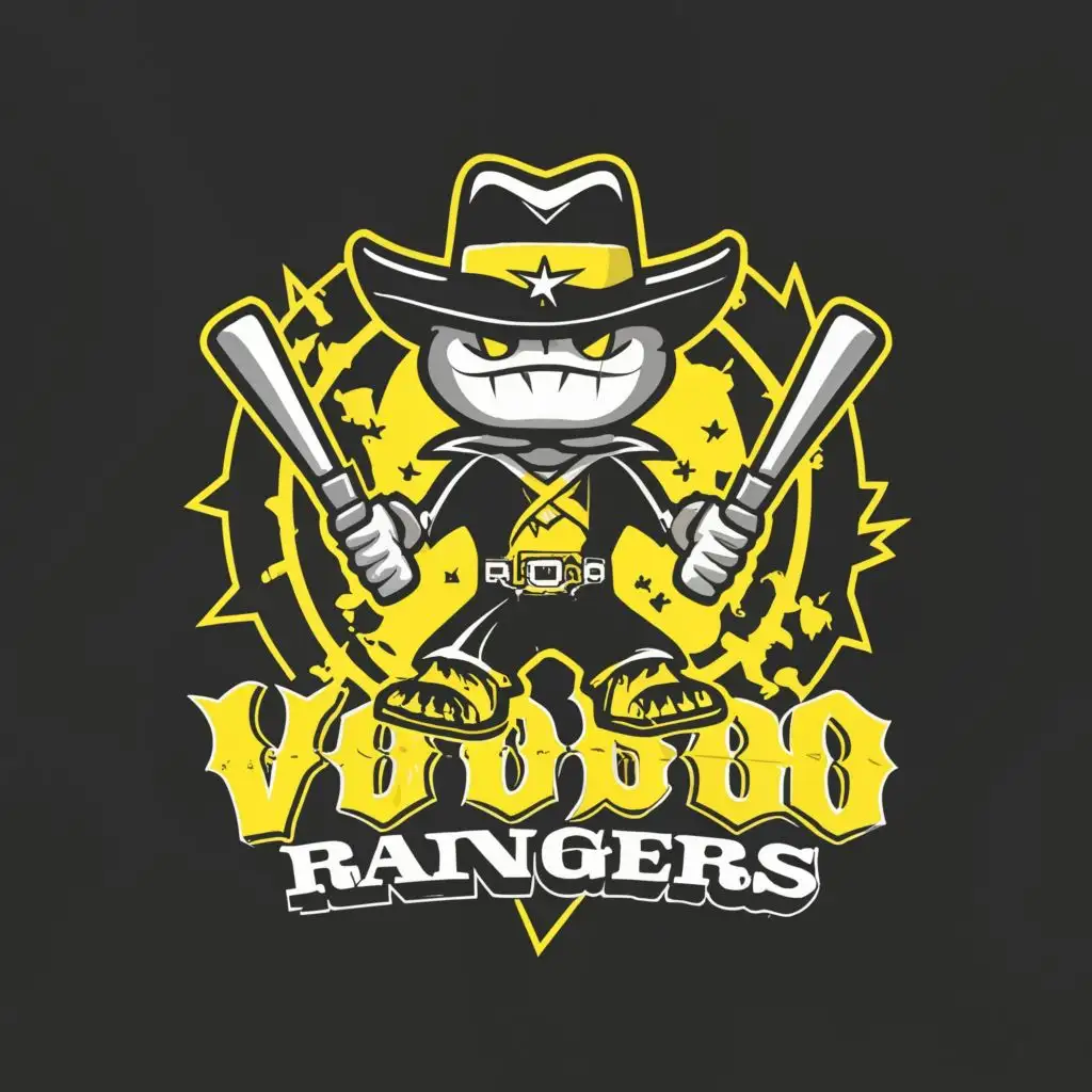 a logo design, with the text 'Voodoo Rangers', main symbol: Angry voodoo doll wearing ranger hat holding baseball bat over shoulders, Black and yellow colors, Moderate, be used in Sports Fitness industry, clear background
