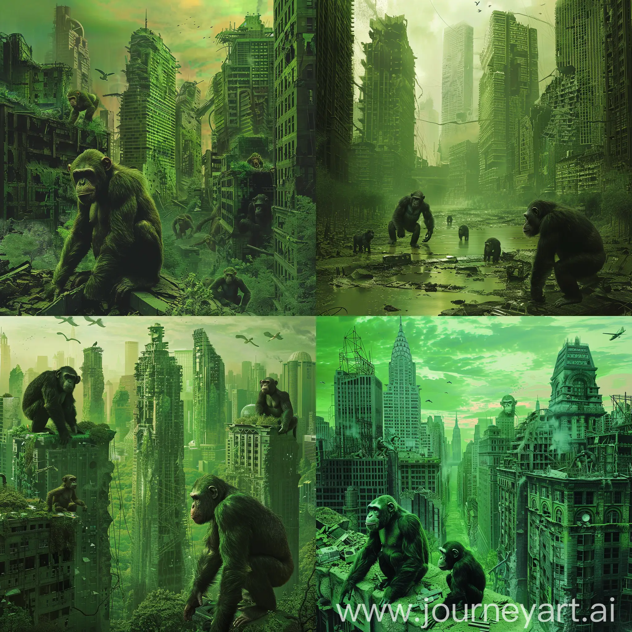 post-apocalyptic green cityscape with apes
