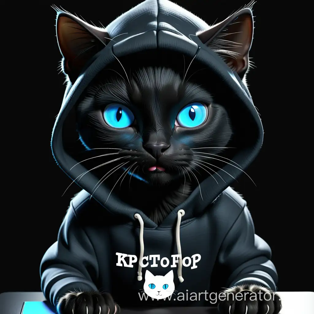 Черный кот с синими глазами в черном худи с белой надписью "KPNCTOFOP" НА черном ФОНЕ за компьютером 