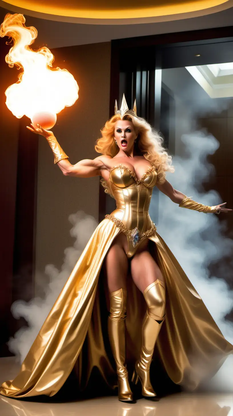 All powerful super being controlling the universe with mystical powers. Thunder lightning electrical with fire and smoke. Levitaring, hovering, flying in a hotel foyer. Looks like very muscular good witch glinda, biggest muscles in history, large fake implants. Latex, gold belt. realistic and looks like megab thee stalion