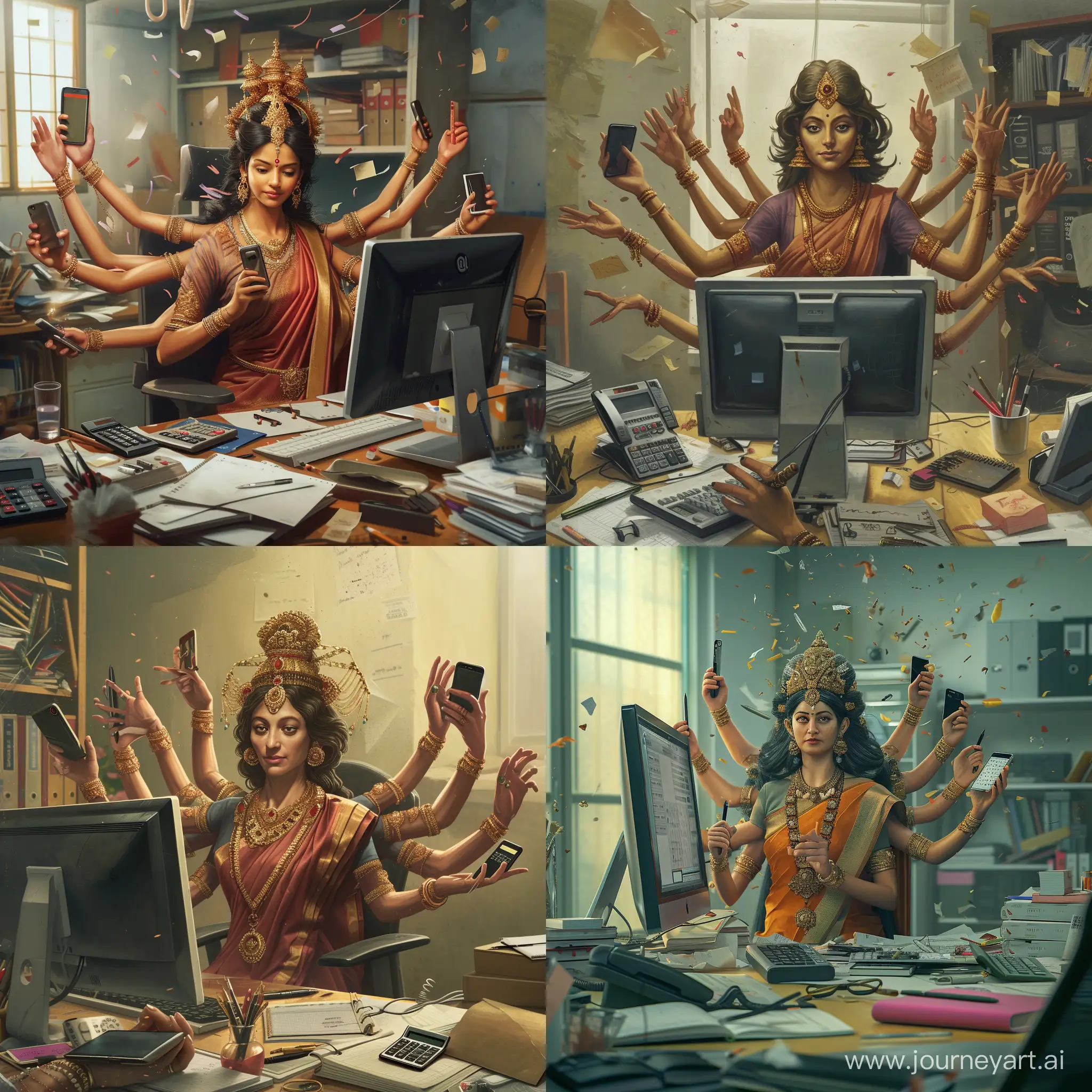 Create an image of a ten-armed goddess in an office room sitting at a computer with a monitor. She has a work phone in one hand, a calculator in the other hand, and a pen and notebook in one hand. There is chaos all around. superrealism