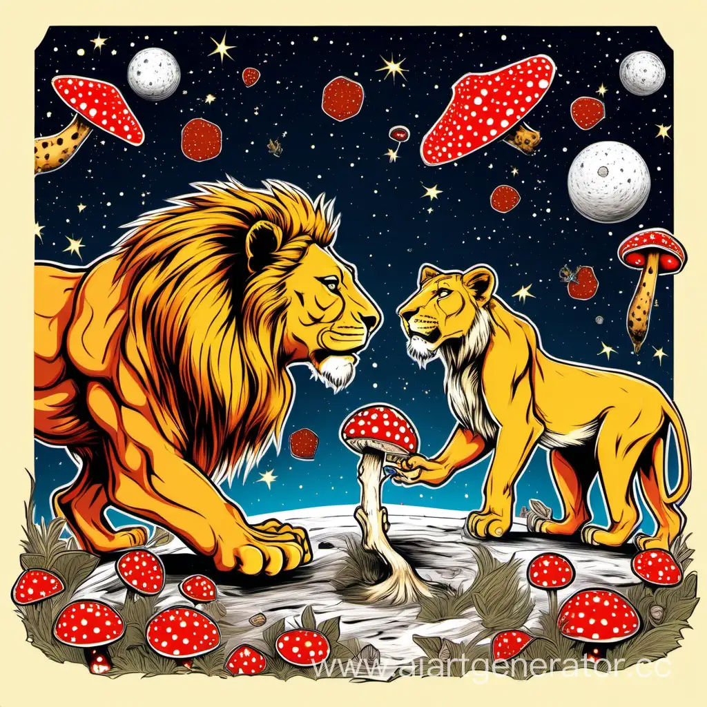 Space-Lions-Leo-and-Lioness-Consuming-Fly-Agaric-Mushrooms