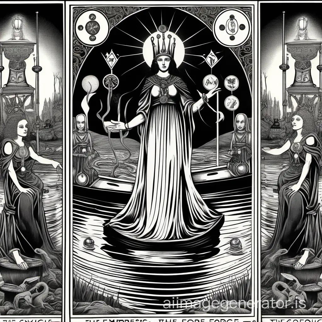 Black and white lithograph, tarot cards, symbology. the empress, the chariot and the force. The mystical and esoteric river.
