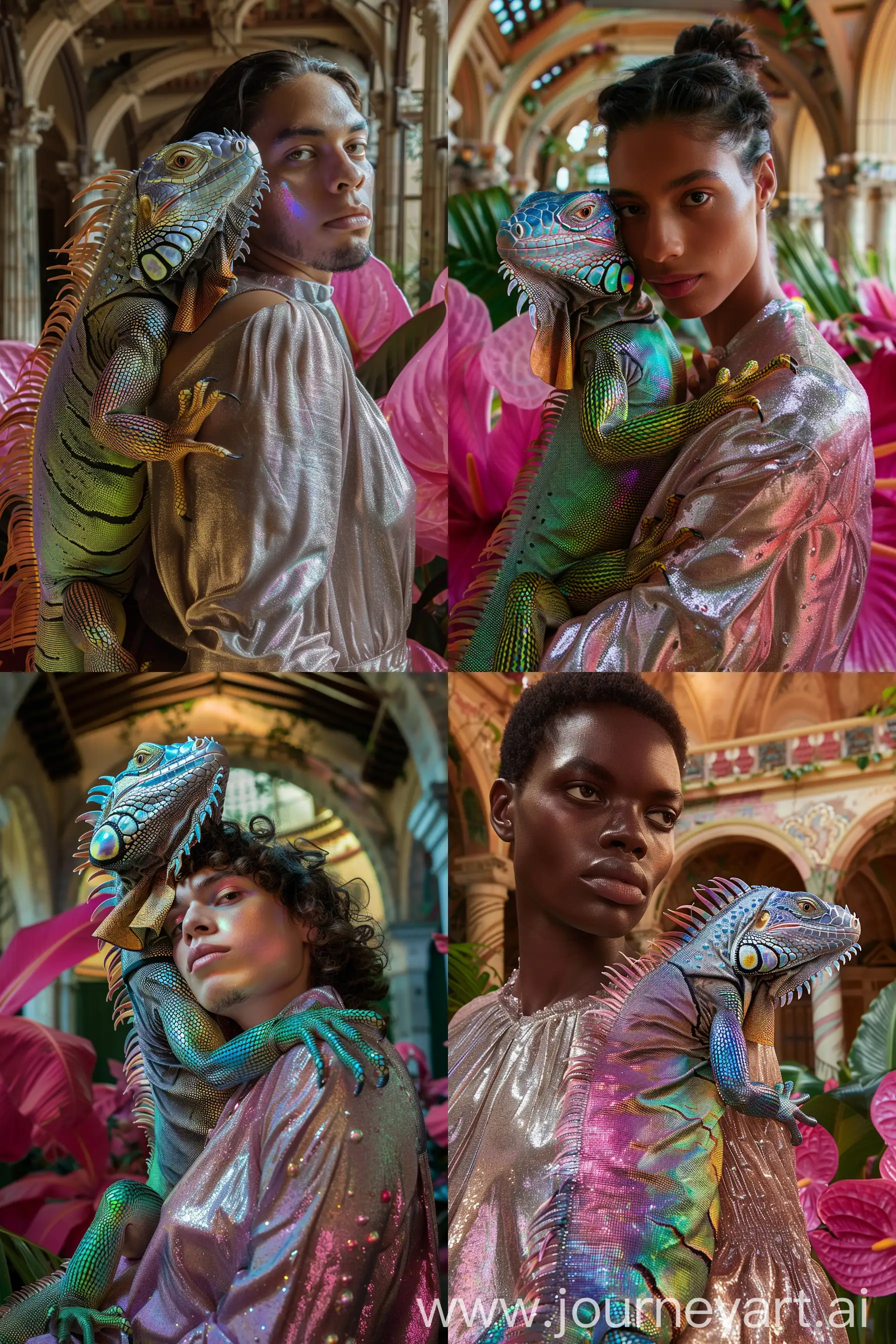 a closeup photo of a gorgeous fat hunk man model wearing a shimmering metallic blouse with a huge iridescent rainbow colored iguana sitting on her arm, you can see the details of the iguanas skin, they both look into the camera, the model is standing in a tropical indoor palace garden with arches, big iridescent pink flowers grow around them, dreamy aesthetic --ar 2:3 --v 6.0