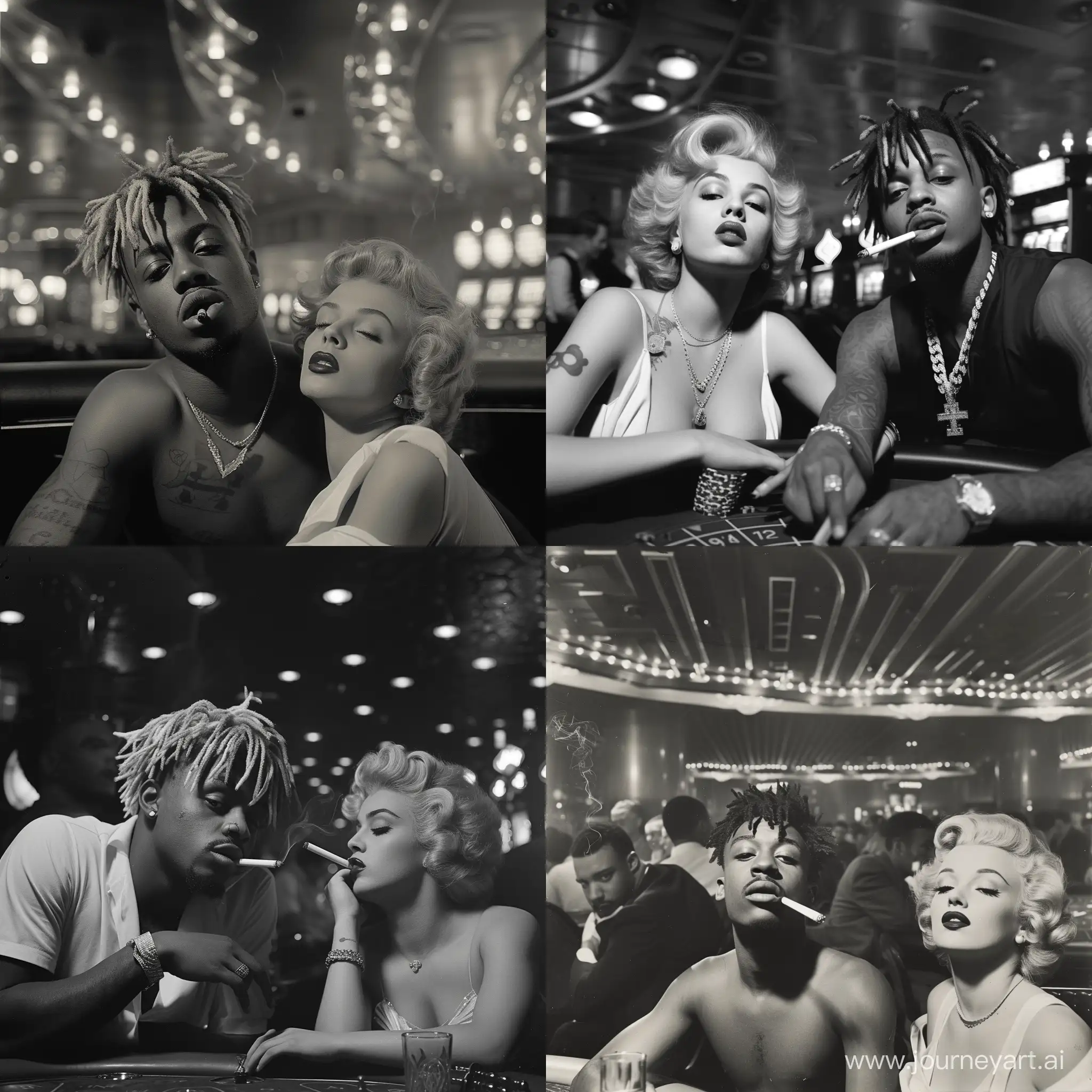 A 1950s Black and White Photograph,of Juice WRLD,in a Casino with Marilyn Monroe Smoking.
