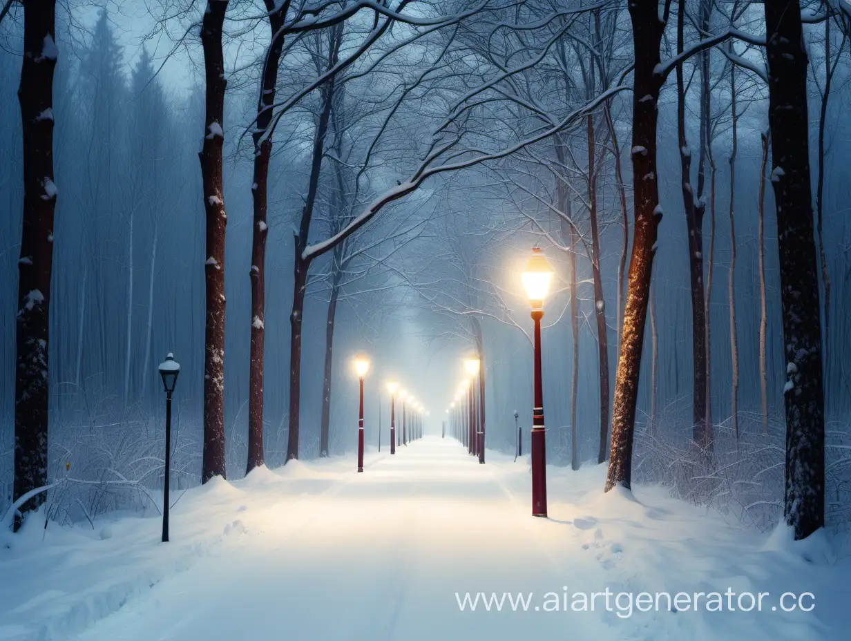 Фонарные столбы освещают дорогу в зимнем лесу 