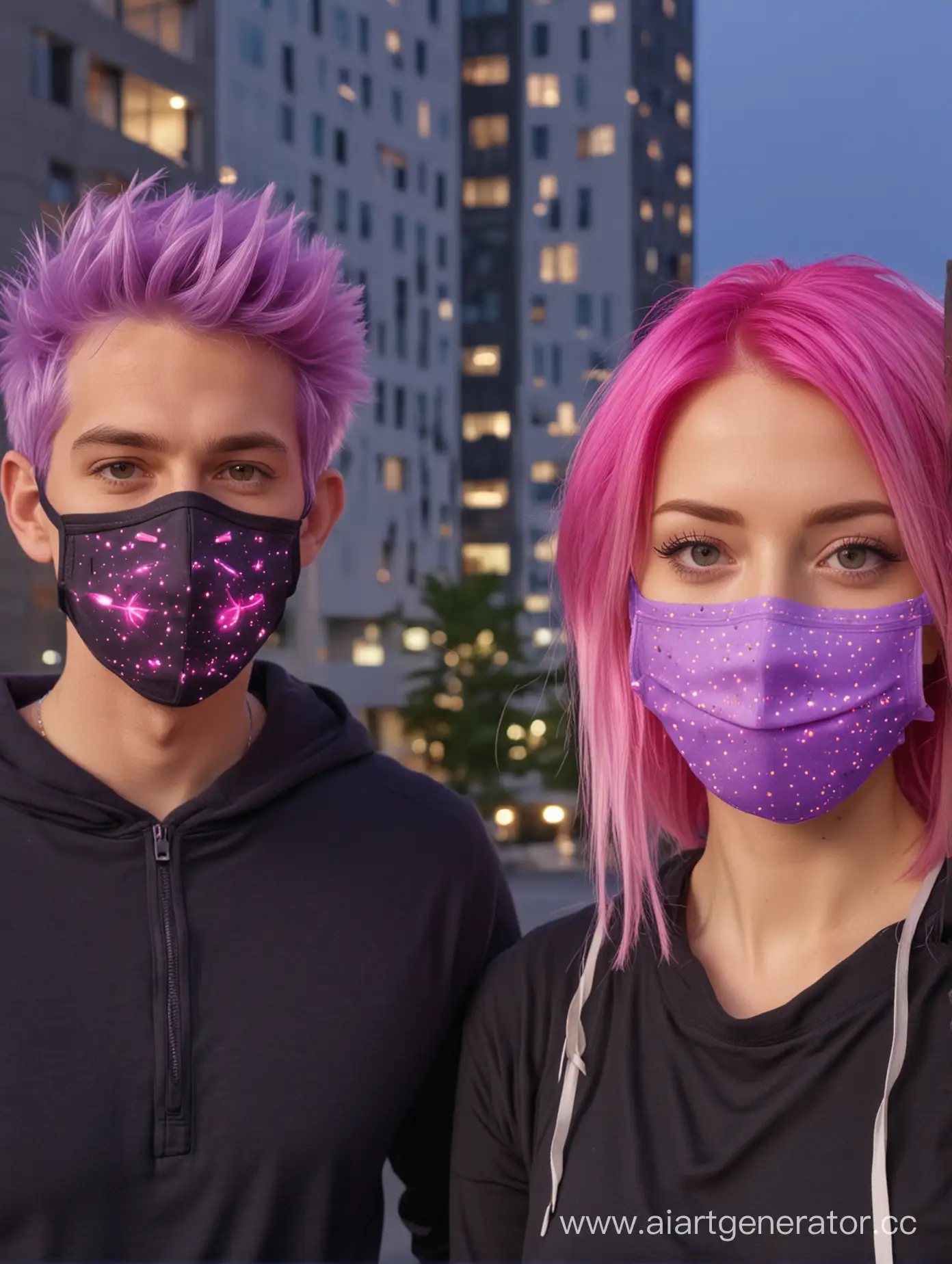 Glowing-PinkHaired-Couple-with-Purple-Face-Masks-in-Urban-Setting