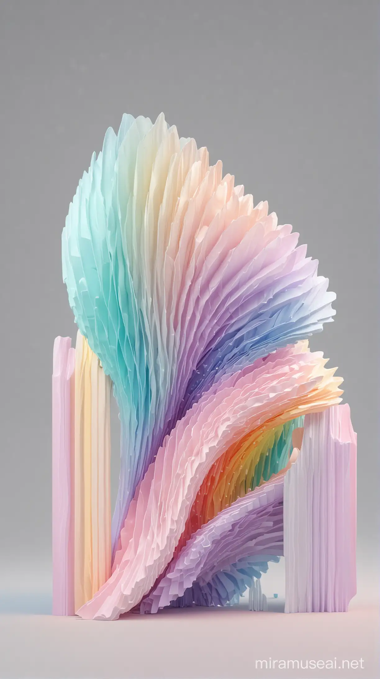 3d organic forms, ribbed plastic object, pastel colors, rainbow  colored border, in the style of ethereal light effects, monocromatic white figures, cinema4d, fashion, minimalist, shimmering metallics, folded planes, gray background