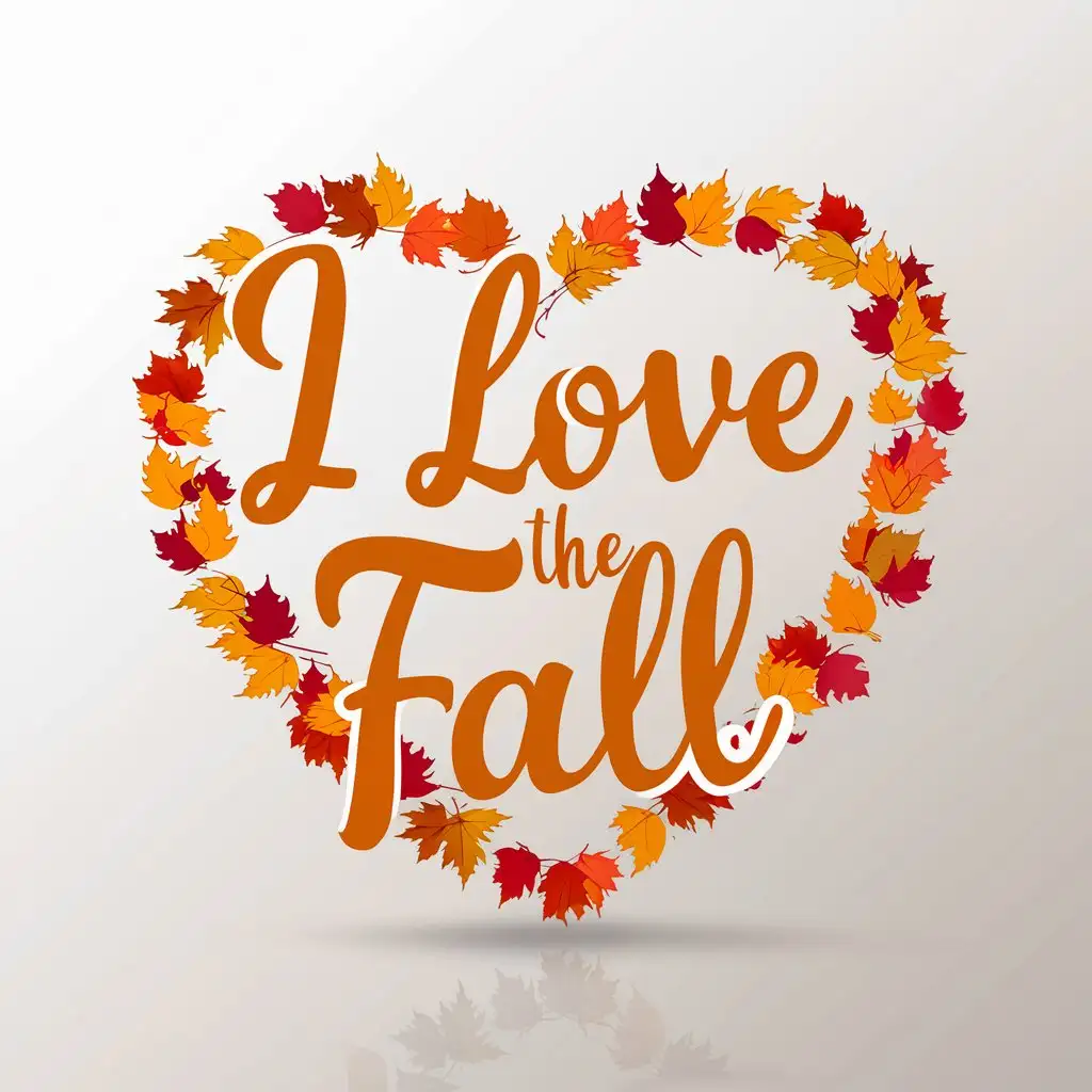 a simple vector art design that says "I love the fall" with a script font in the shape of a heart with colorful leaves around it on a white background