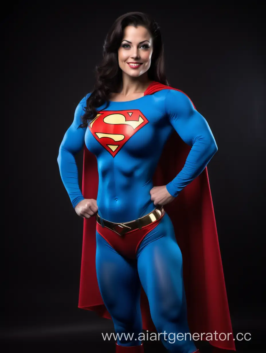A beautiful woman with dark hair, age 29, She is happy and muscular. She has the physique of a champion bodybuilder. She is wearing a Superman costume with (blue leggings), (long blue sleeves), red briefs, red boots, and a long cape. Her costume is made of soft fabric. The symbol on her chest has no black outlines. She is posed like a superhero, strong and powerful. In the style of a 1980s movie. 