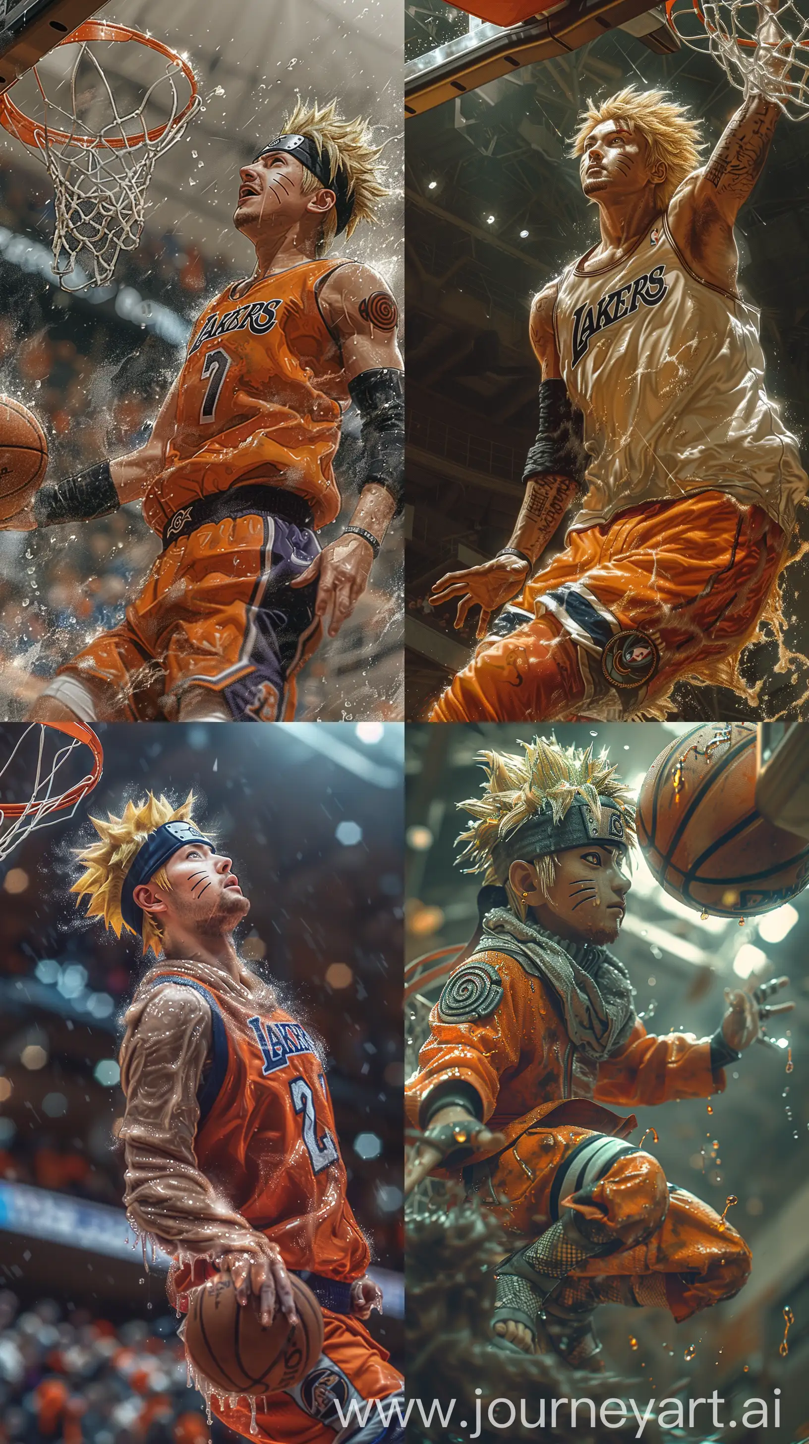 Naruto playing basketball, he is jumping to dunk on the hoop and he is dressed in the Lakers uniform, realistic perspective, xbox 360 graphics, surrealistic realism, emotive realism, soggy, eerily realistic --ar 9:16 --stylize 750 --v 6.0