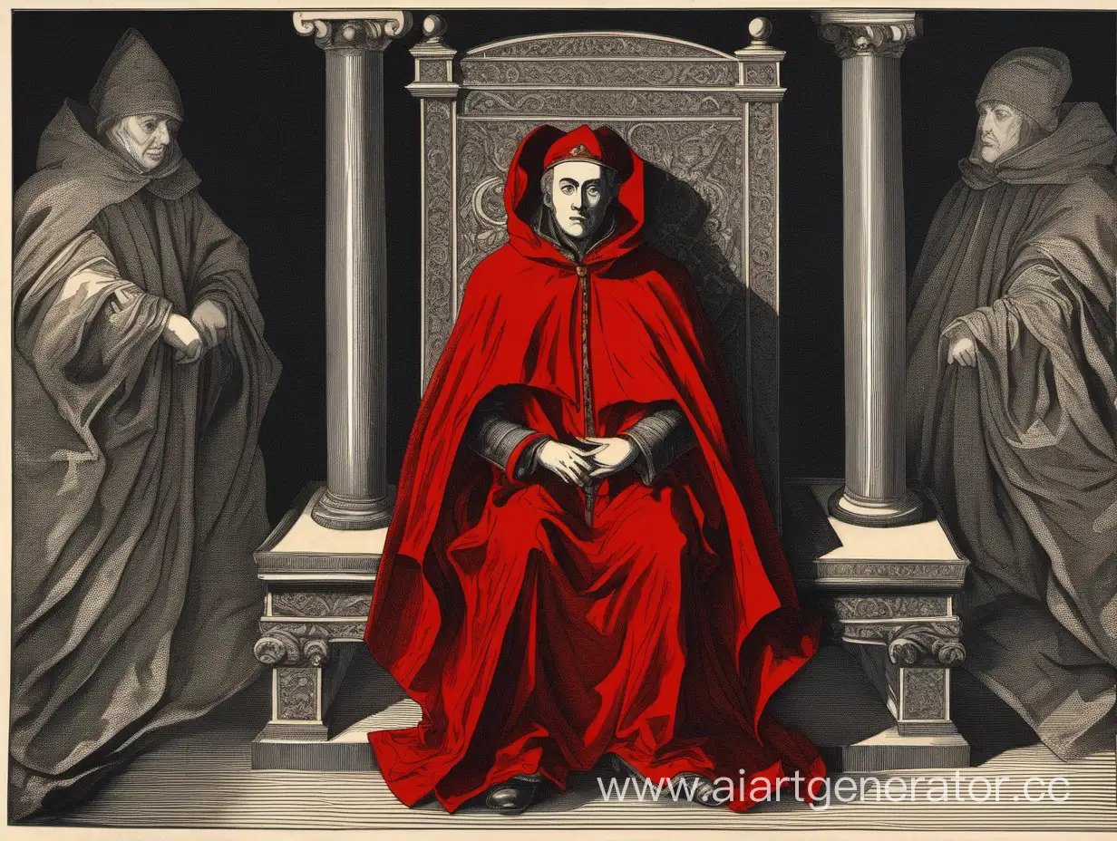 Painting in engraving style of person, dressed in red cape, with no features below the eyes, face is in the dark, face is invisible, sitting on the high throne
