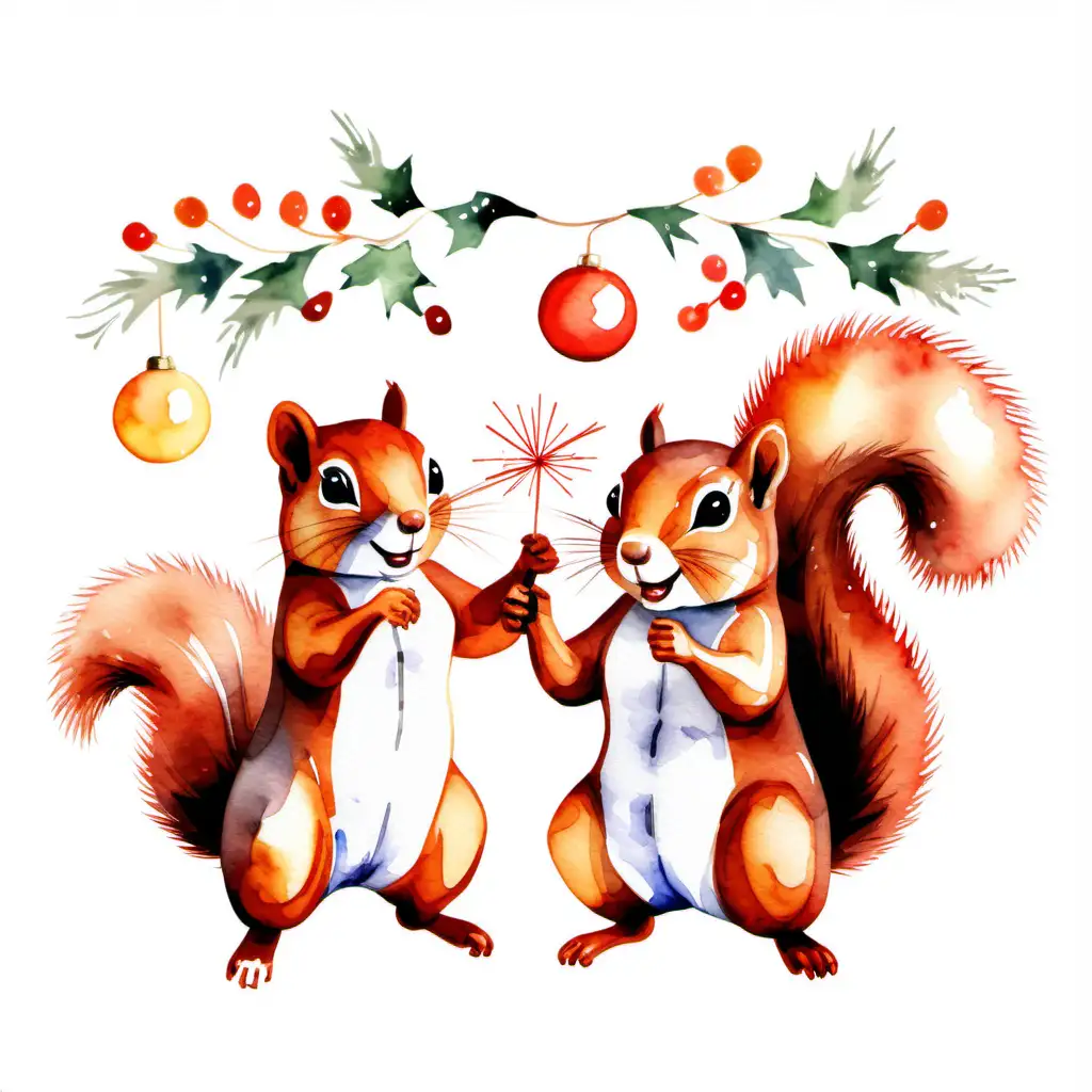 Whimsical Watercolor Scene Festive Squirrels Celebrating New Years Day