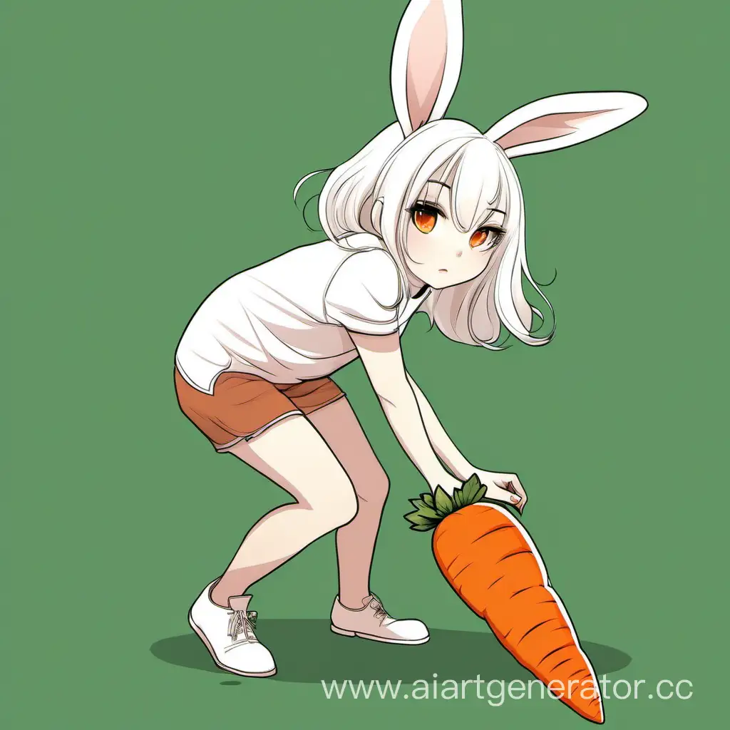 Девушка Зайка в шортиках, с белыми волосами средней длинны нагнулась за морковкой
