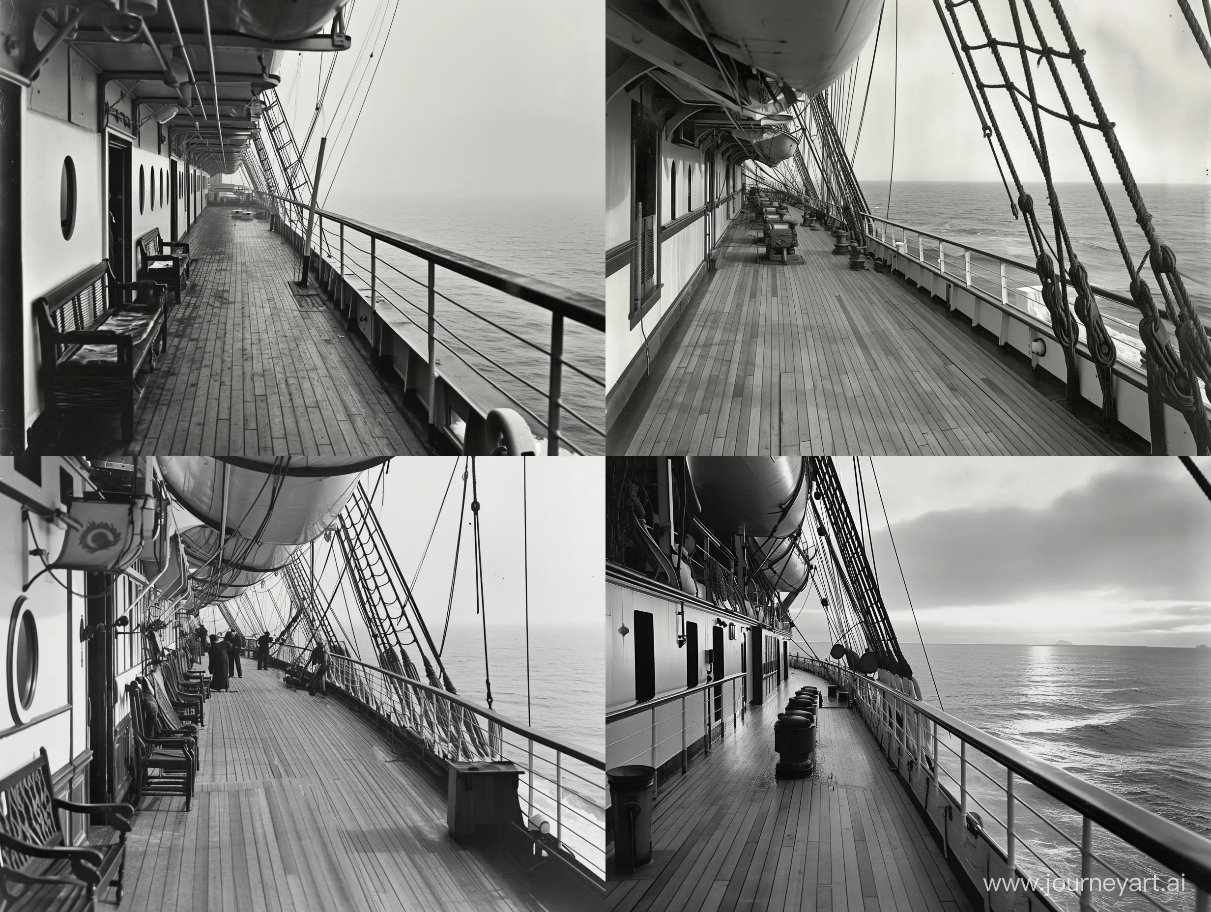 A view from the deck of the Titanic ship, after it hit the iceberg, photography, --v 6