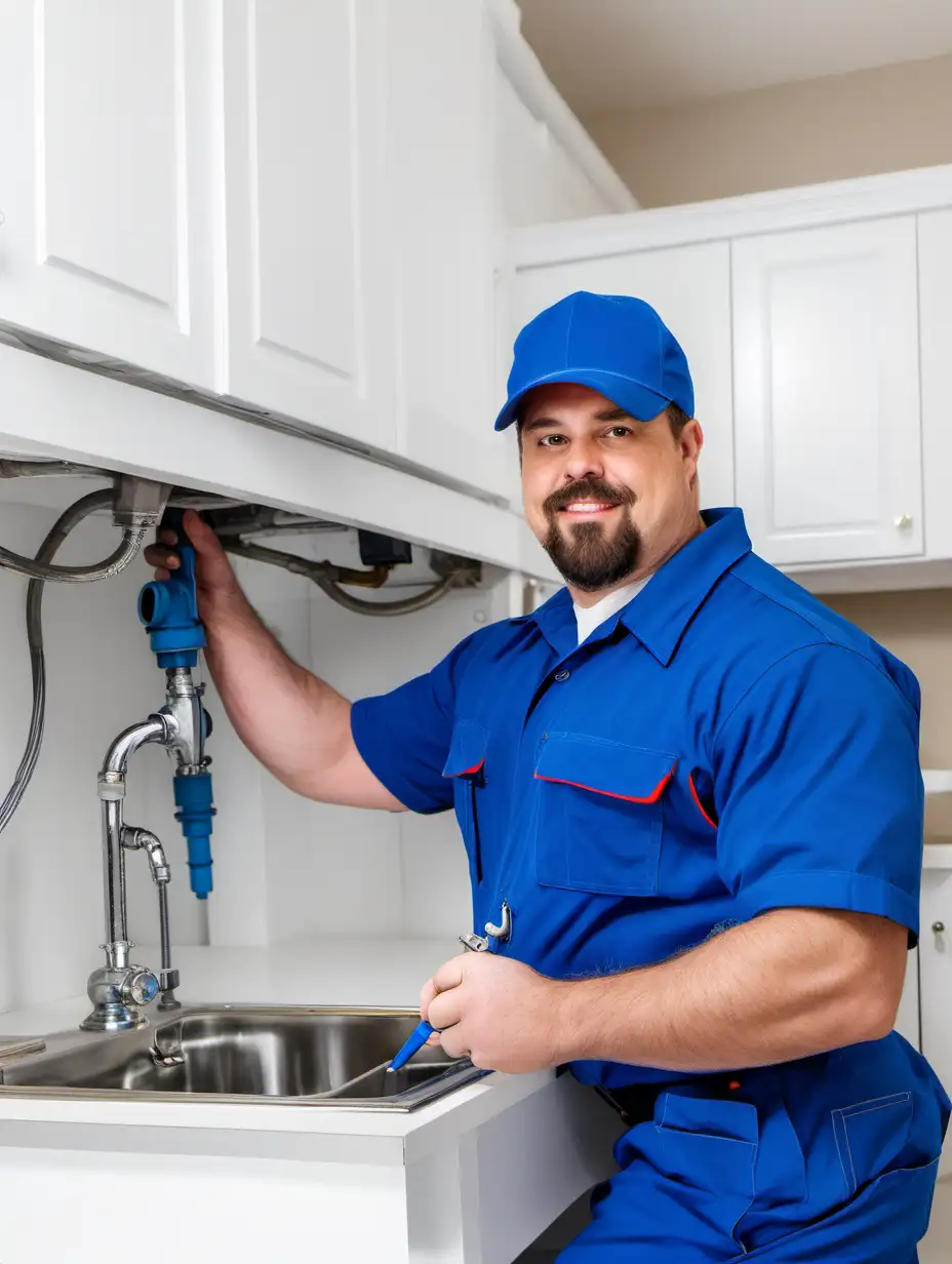 Professional American Plumber in Blue Uniform Working on Plumbing Services