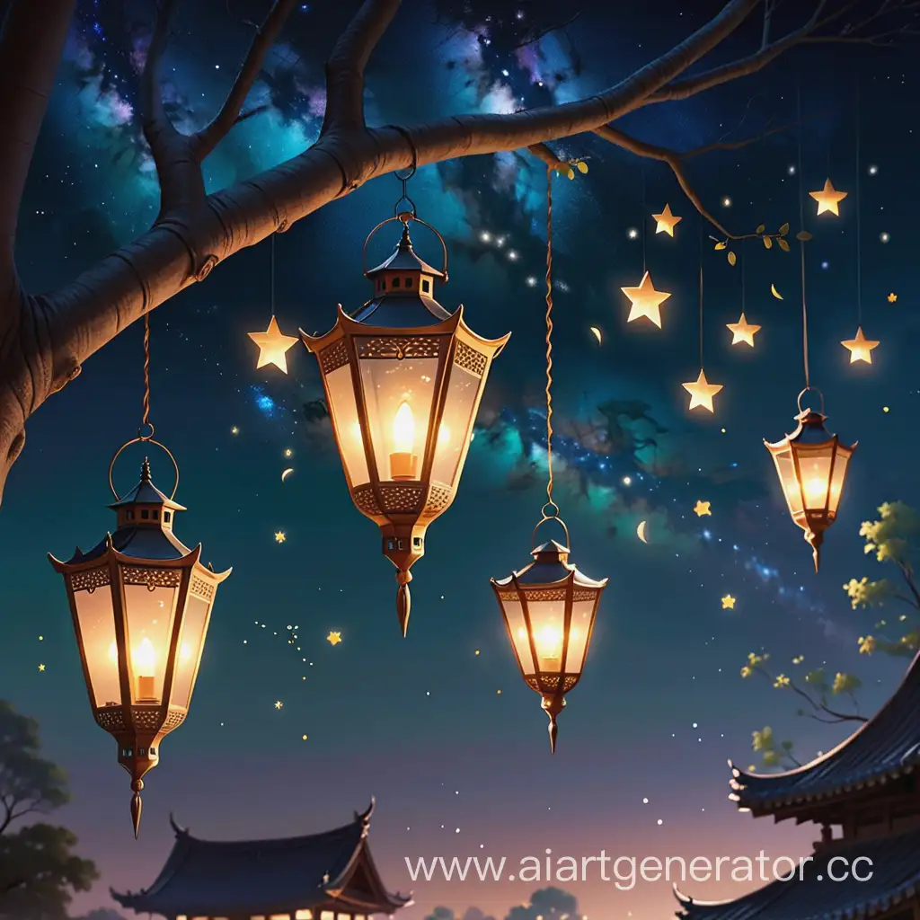 Night-Scene-with-Lanterns-and-Stars