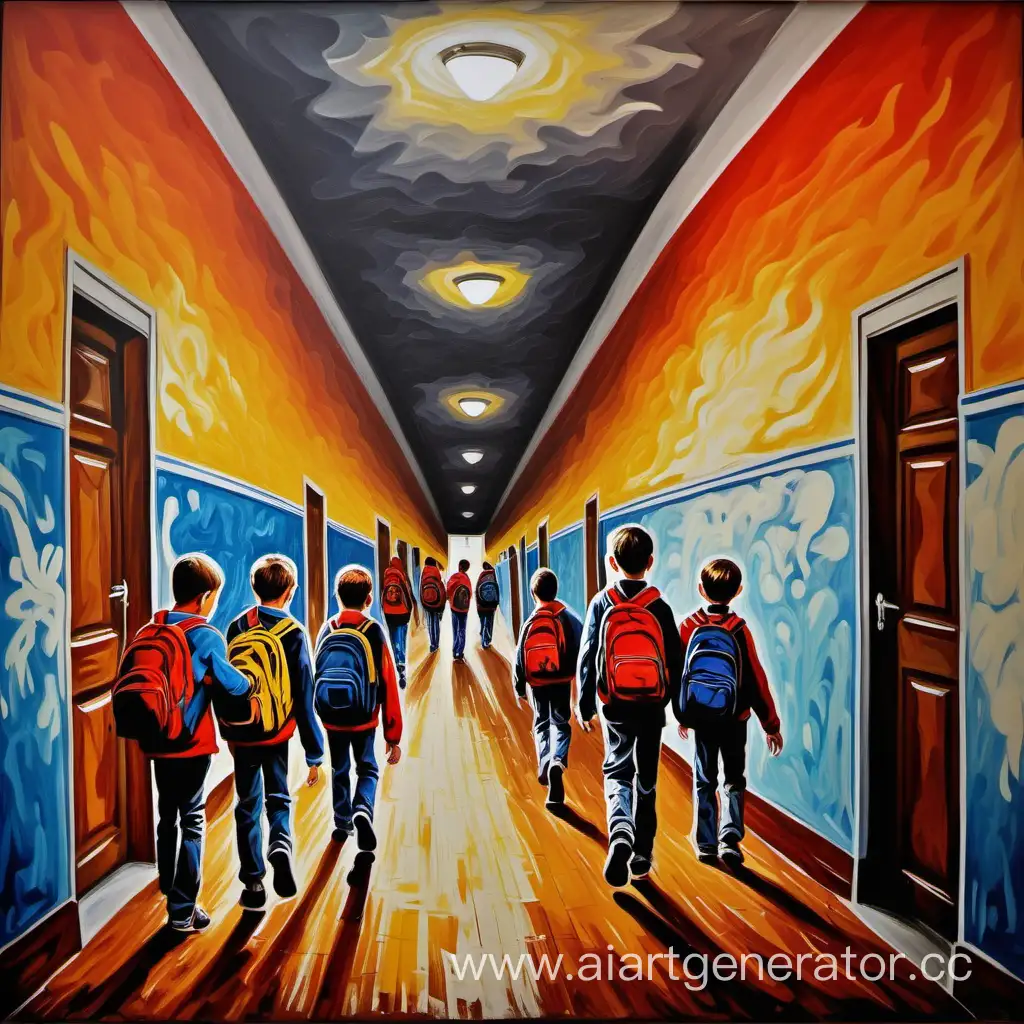 картина в стиле передвижников, тема:
 школьная перемена, буйный коридор
