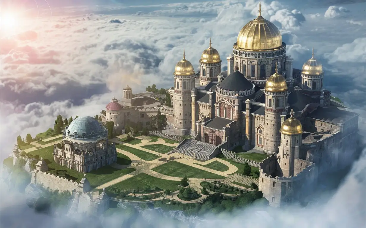 Imagine a castle and castle grounds in an eastern european style. Gold domes. St. Alexander Nevski cathedral style. Observatory and castle grounds. Giant scale. Floating in the sky and clouds.