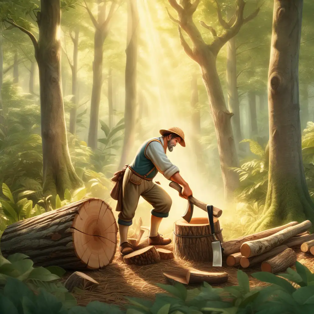 Create a 3D illustrator of an animated scene of a hardworking, middle aged, charming, 18th century, medium skin toned woodcutter, The image depicts a solitary woodcutter in a dense forest, surrounded by tall trees. The woodcutter is engaged in the act of chopping wood, with the sunlight filtering through the leaves above. The scene exudes a sense of tranquility and hard work, showcasing the connection between humans and nature in a rustic setting. Beautiful and vibrant background illustrations.