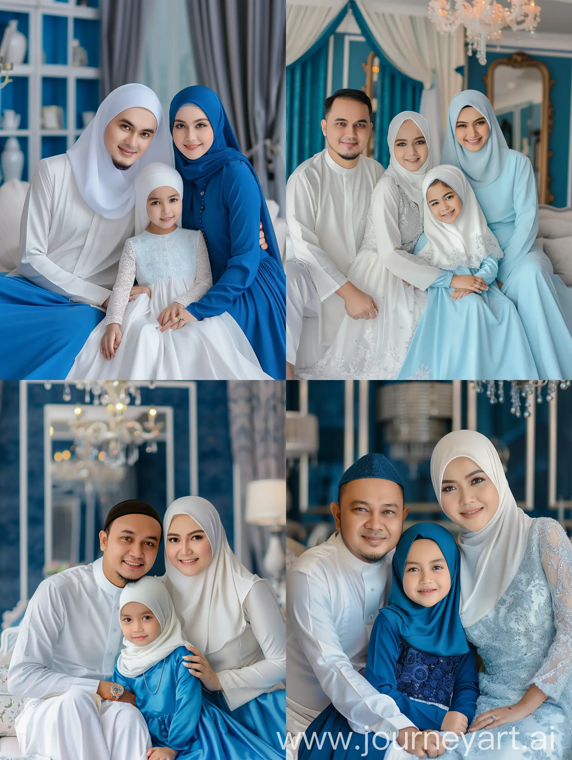 Make a friendly close up photo style, 3 members, 1 Indonesian MAN aged 30 years, small body, 2 Indonesian WOMEN aged 30 years wearing a hijab, 1 girl aged 7 years, they wear white Muslim koko. gown. Newest blue long dress, wearing hijab, sitting in, in luxury living room, sofa, luxury home studio background, very detailed. fresh color, blue lighting, ULTRA HD,