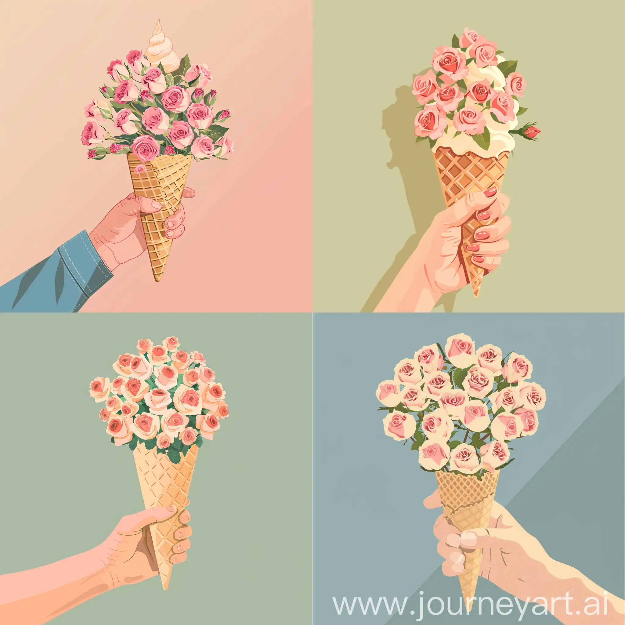 Flat illustration of A nice hand holding an ice cream cone is full of small roses flowers inside it, high quality detailes