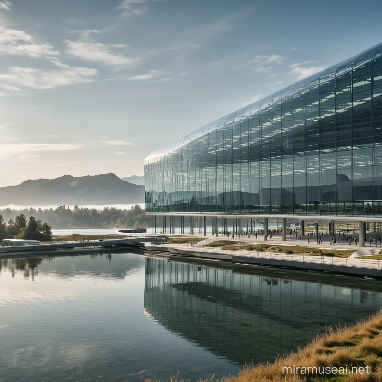 a complete futuristic conference building with glass walls
 overlooking a lake