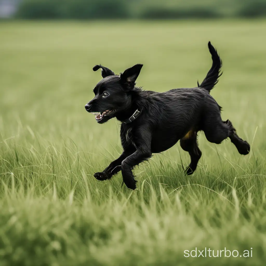 A little black dog running on the grassland.