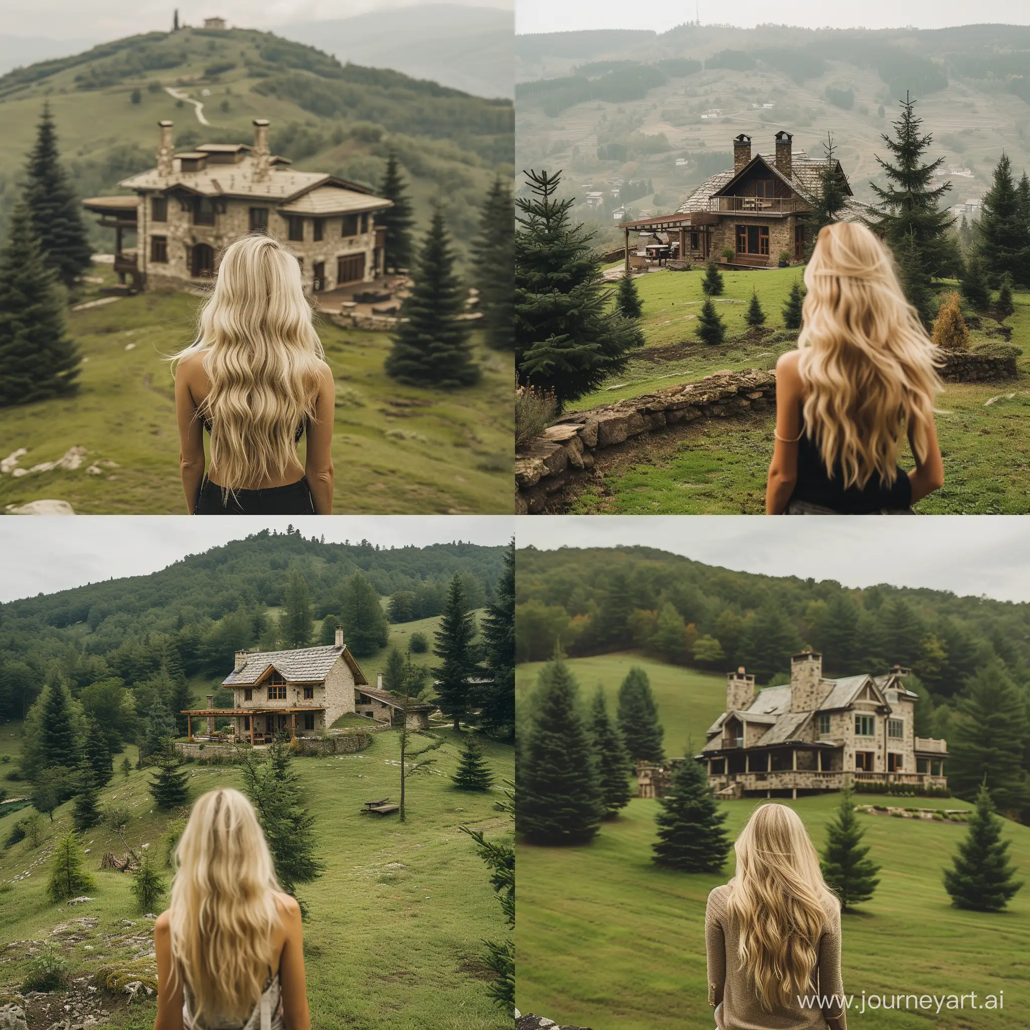 femme blonde de dos au sommet d'une colline devant paysage de collines avec maison ancienne en pierres prolongée d'une grande terrasse en bois entourée de conifères sur sol vert