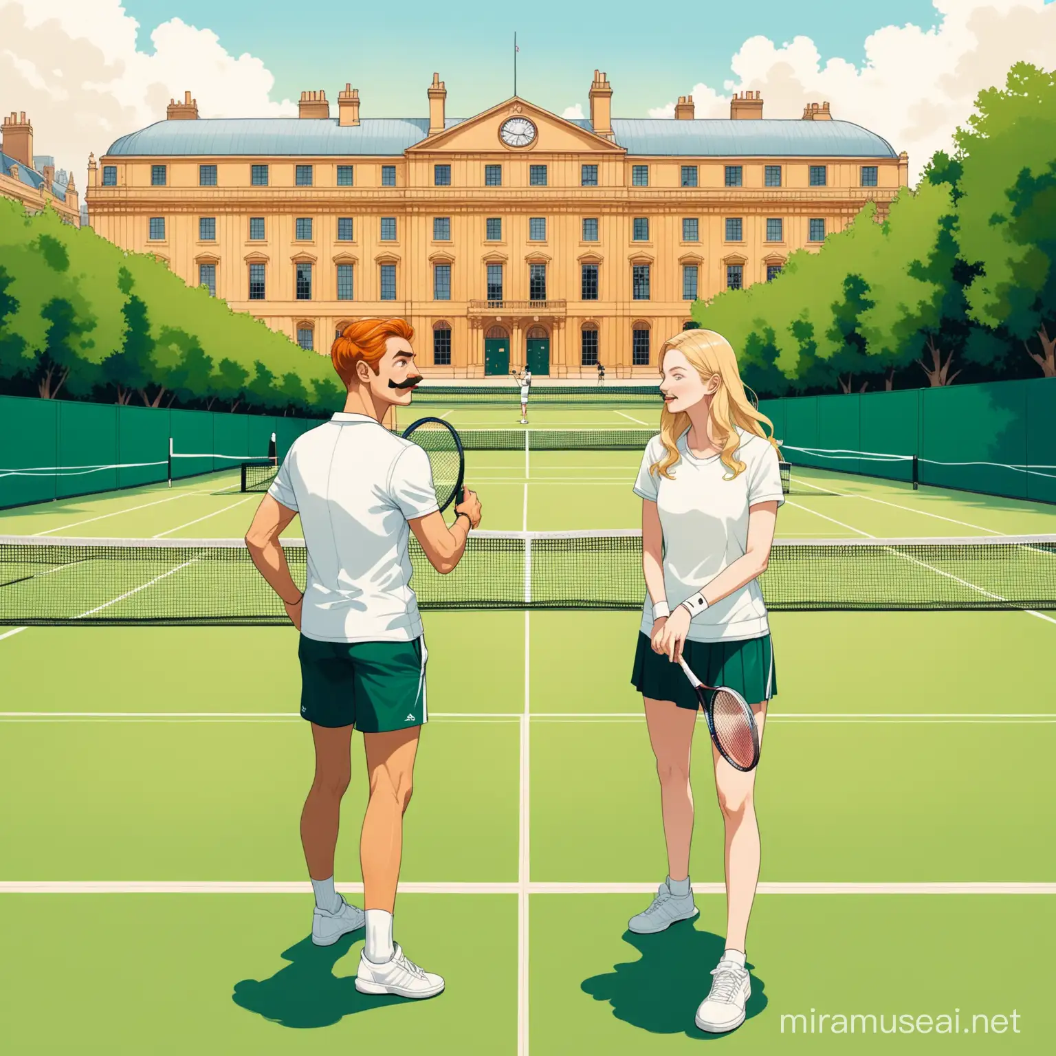 Create image of two young best friends playing tennis one blonde man with a moustache and ginger woman. we are on the grass court with olive trees and in the background is London architecture. make it artsy