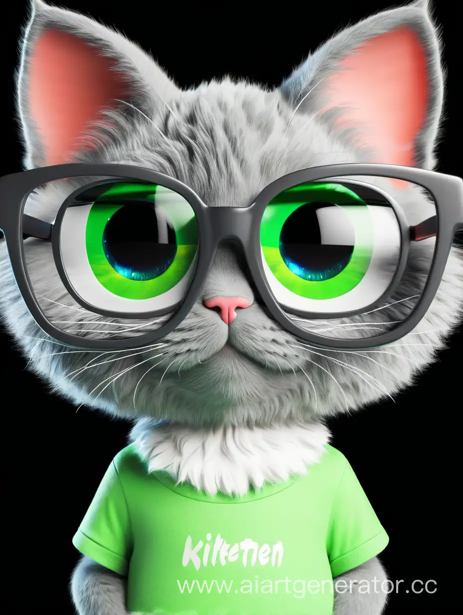 Пушистый серый котенок в 3D на которого надета красивая цветная футболка, у него большие зеленые глаза и большие очки и он смотрит на меня