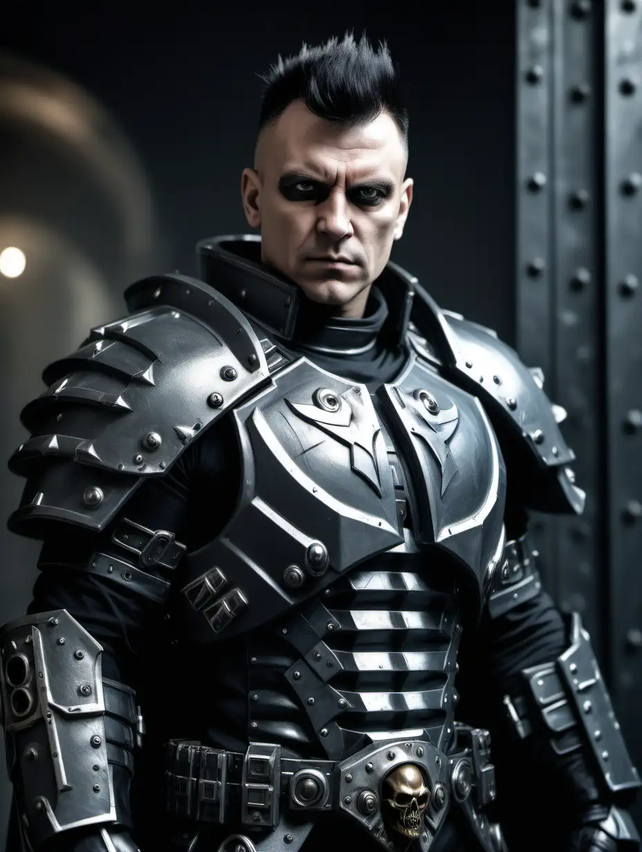 Portrait of the upper body and face of a 34 year old muscular male Adeptus Arbites in dark grey futuristic carapace Warhammer 40k armor, black cape. 
Very short dark hair in mohawk, no beard.
Relaxed stance.
Metal door in the background of image. 