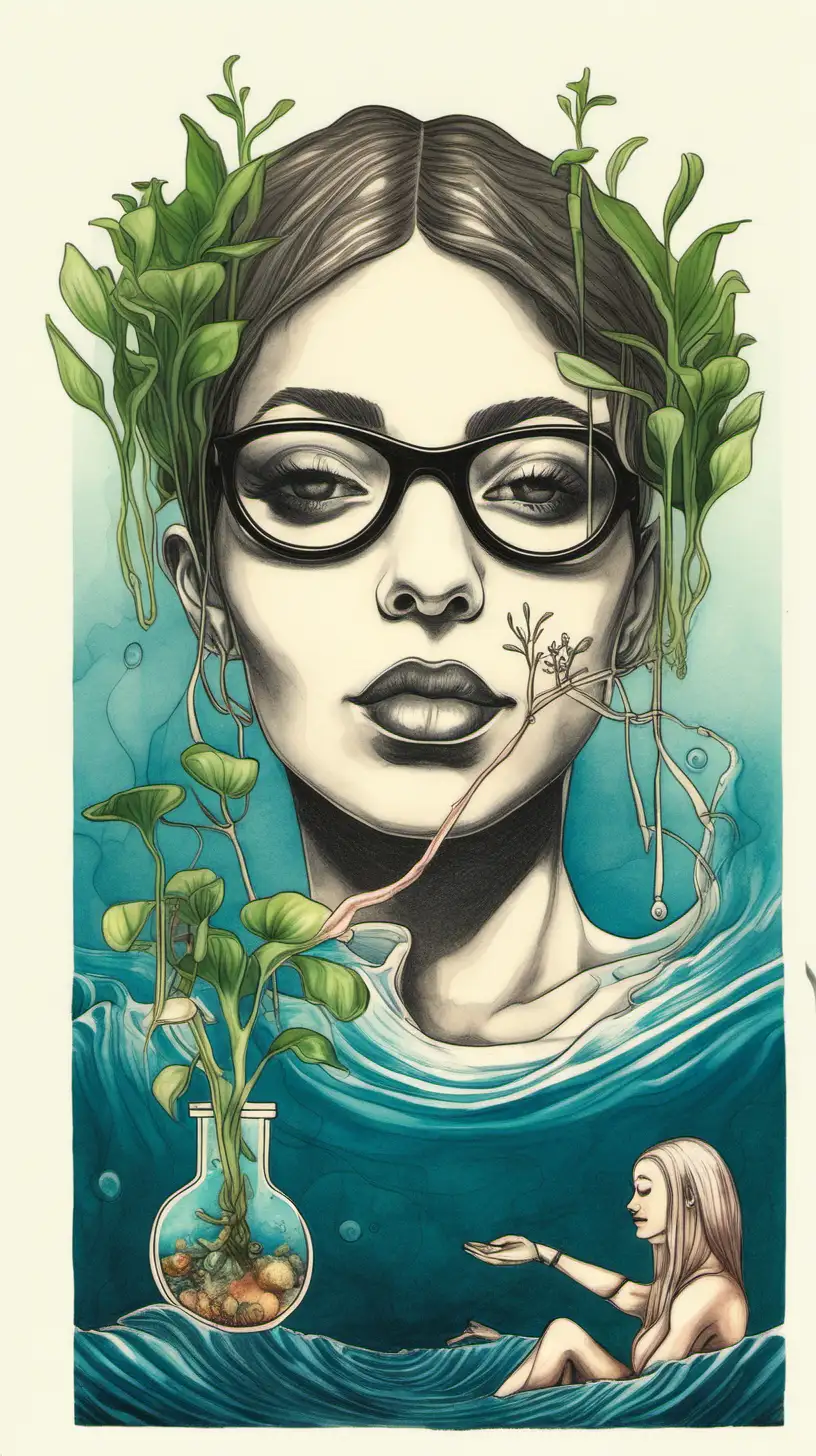 Underwater Woman with Glasses and Sprouting Palm