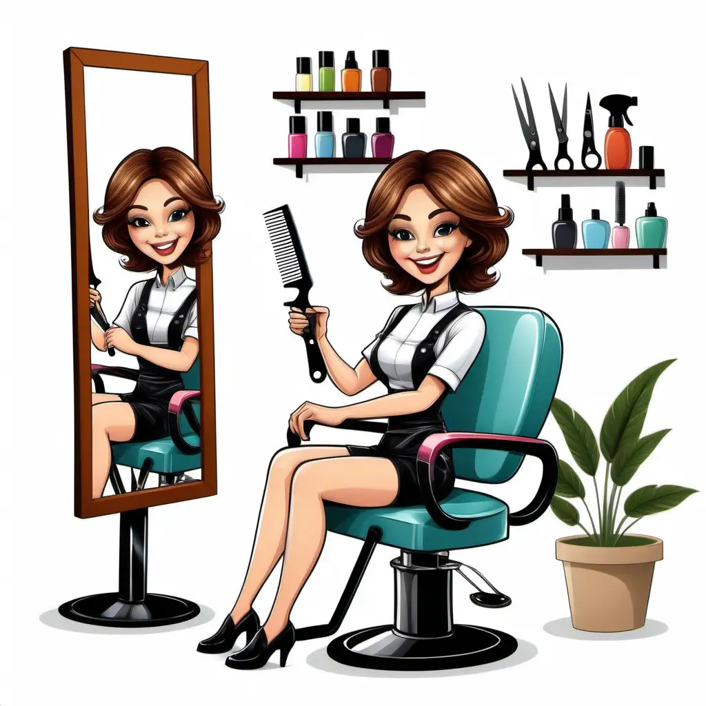 FANNY FEMALE HAIRDRESSER CUTTING HAIR TO OTHER PERSON HOLDING COMB AND SCISSORS,CARTOON,SCISSORS,SMILE,DETAILED,CHAIR,HAIRDRESSER TOOLS,MIRROR,WHITE BACKGROUND