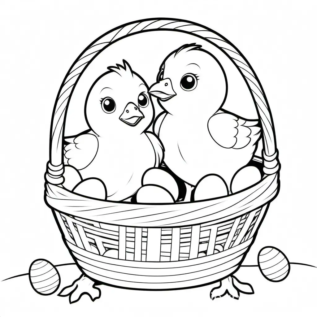 Chick and chick hold baskets with eggs 
for kid, Coloring Page, black and white, line art, white background, Simplicity, Ample White Space. The background of the coloring page is plain white to make it easy for young children to color within the lines. The outlines of all the subjects are easy to distinguish, making it simple for kids to color without too much difficulty