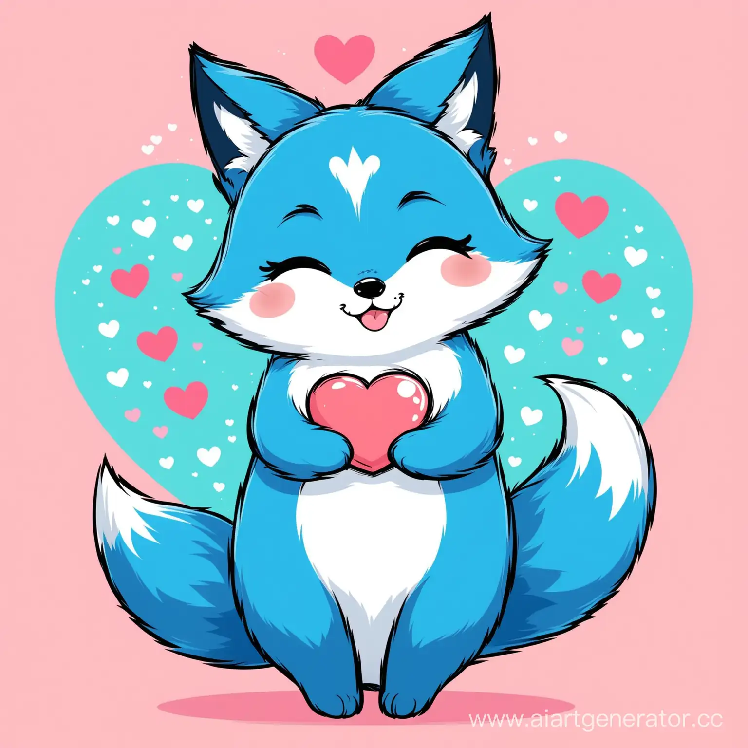 Cartoon blue fox sends a kiss with a heart