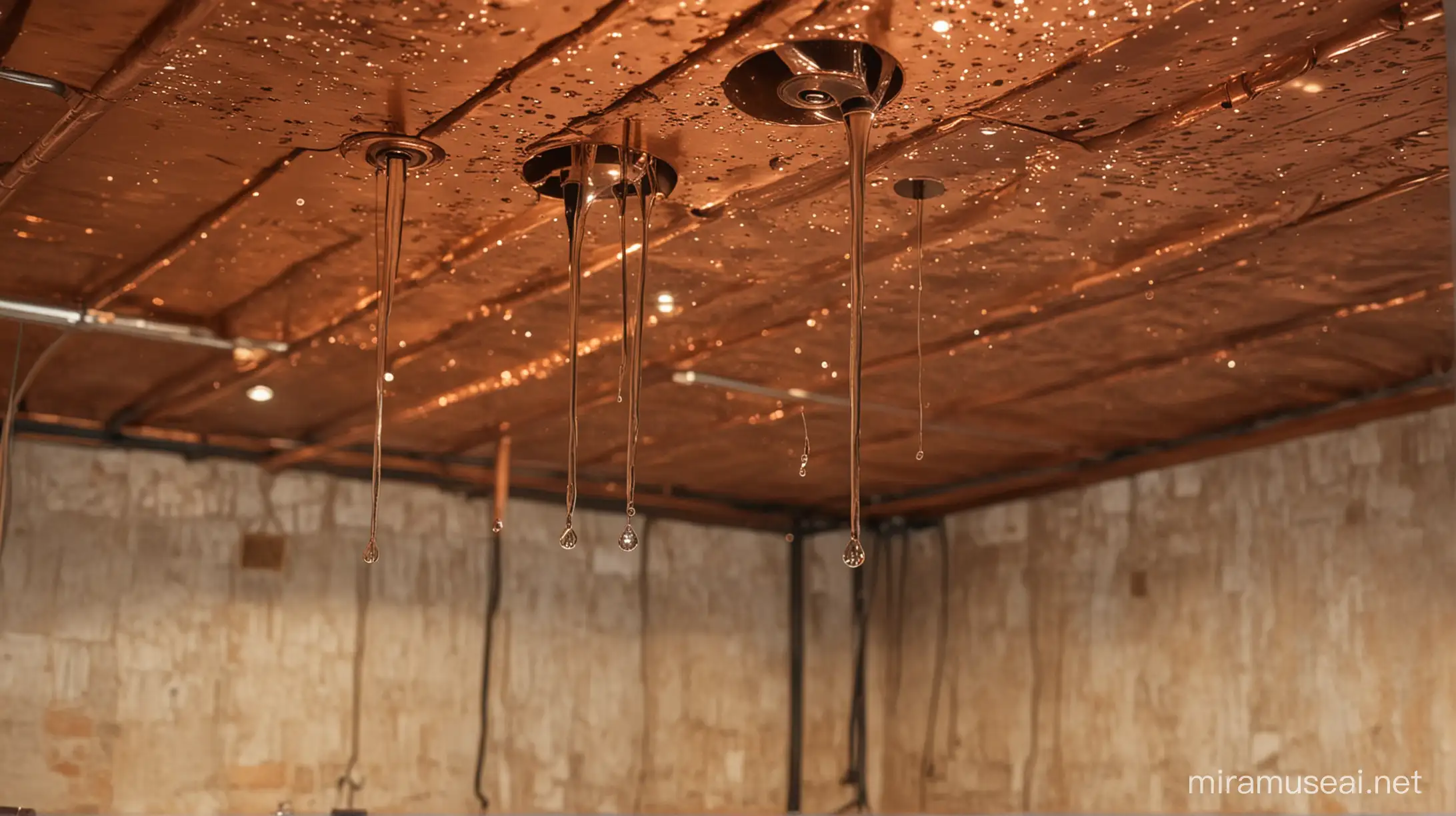 CloseUp of Water Drips from Copper Pipe in Unfinished Basement