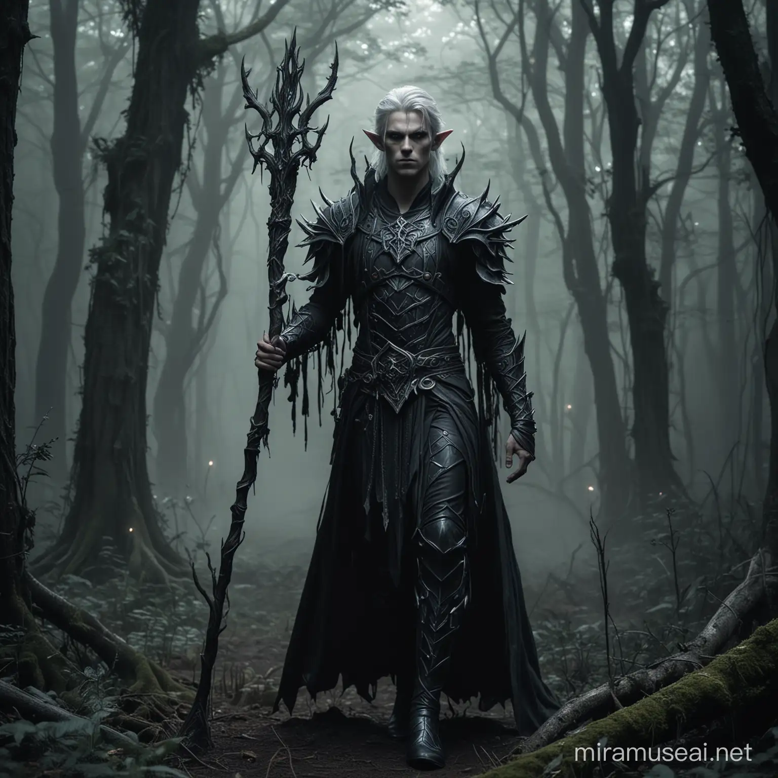 Ethereal handsome Male Elf Banshee, With Unholy Necromancer Staff and Outfit, Standing in a Dark Forest