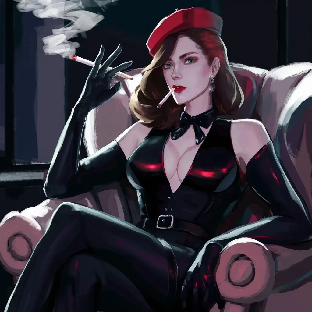 Sensual-Woman-in-Red-Beret-Smoking-in-Dark-Living-Room