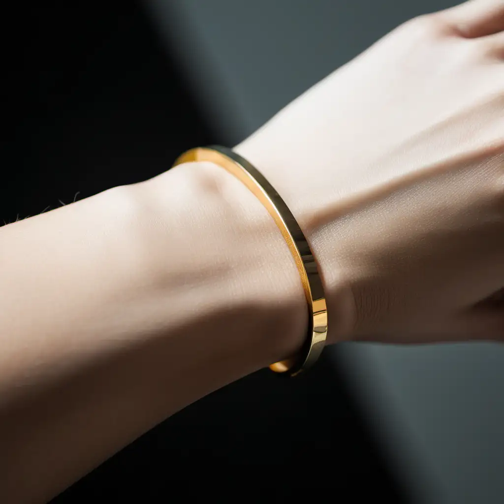 closeup of a minimalist gold bracelet on a hand of a women, Shot with sony a7 sVI