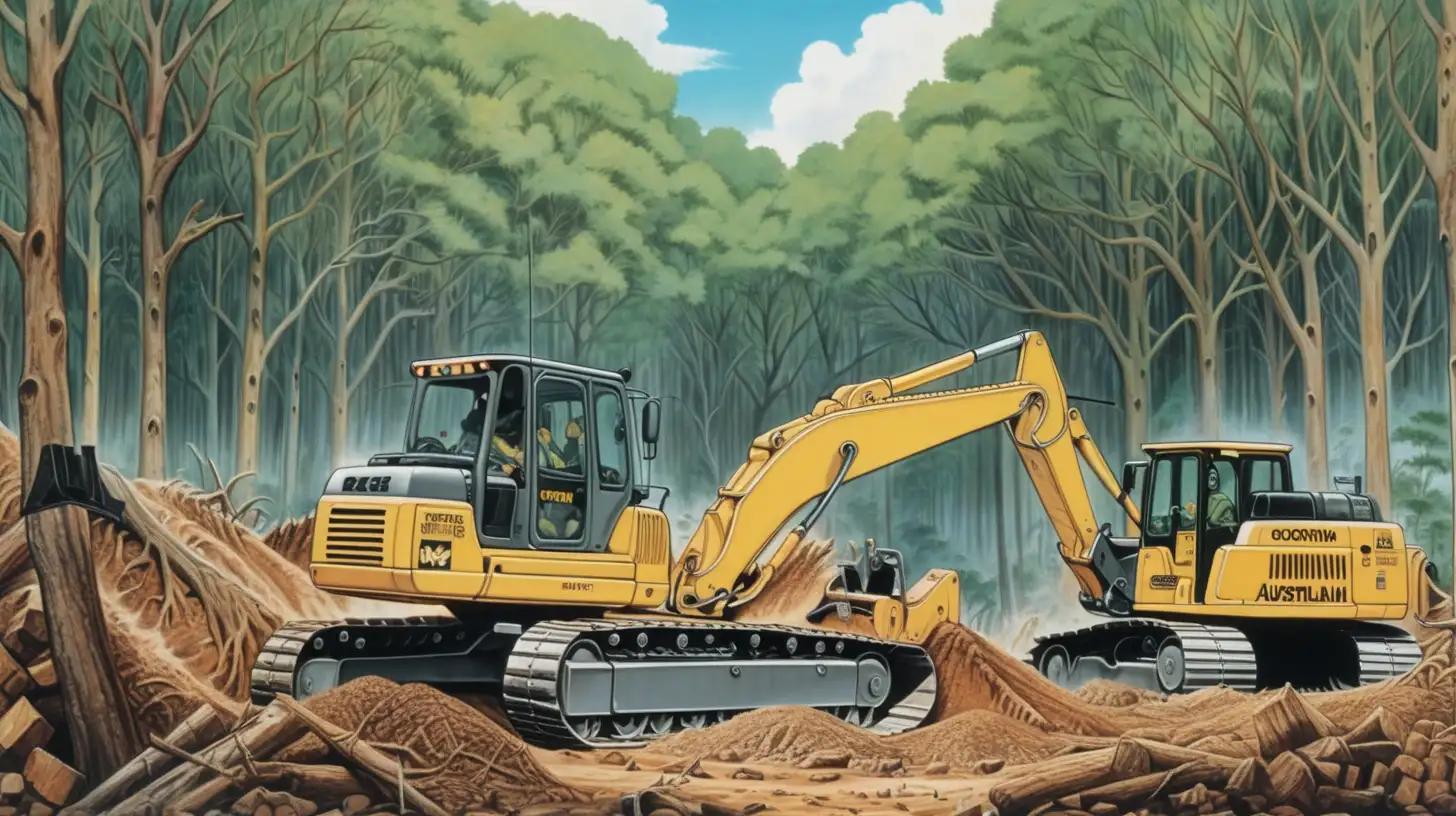 An Australian forest being cut down and dug up with bulldozers and heavy machines in an anime style.